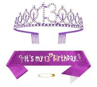 13ème anniversaire couronne et écharpe pour fille cristal reine tiare princesse couronne violet 13e anniversaire écharpe 13e anniversaire couronne anniversaire écharpe d'anniversaire filles décoration