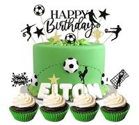 13pcs Décoration de Gâteau Football Joyeux Anniversaire Cake Cupcake Topper Foot Étoile Trophée Or Noir Gâteau Topper à Paillette Personnalisée Décoration pour Fête Thème du Football Anniversaire