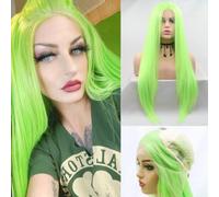 13x3" Longue vague néon vert faux brillant Fluorescent vert synthétique dentelle perruque avant femmes cosplay Party perruque Mid Split ligne de cheveux naturels 61cm