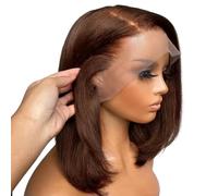 13X4 HD Transparent Pré Pincées Droite Brun Bob Perruque Cheveux Humains, Sans Colle Dentelle Frontale Naturelle Délié Avant Perruques for Femmes Noires Effet naturel et Volumineux(14inch)