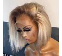 13x4 Ombre Blonde Bob Wig with Dark Roots 613 Brazilian Remy Human Hair Double Drawn Preplucked 200% Density Short Straight Wig UHD Transparent Lace Frontal for Women Summer Party 10"