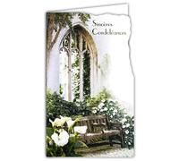 14-630 Carte Sincères Condoléances avec Enveloppe Blanche - Banc du Souvenir devant une église Chrétienne Fleurs Blanches Arums Jardin Cimetière Nos pensées vous accompagnent - Fabriqué en Europe