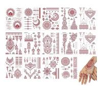 14 Feuilles De Tatouages De Fleur De Mandala,Autocollant De Tatouage Ephemeres Mandala,Tatouage Temporaire Rouge Marron
