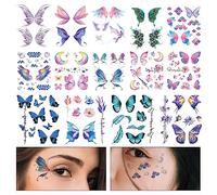 14 Feuilles Tatouages Temporaires Papillon, Imperméables Art Corporel Visage pour Femmes et Filles Festival Cadeaux Musique Cosplay Yeux Maquillage