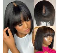 14 Inch Perruque Femme Naturelle, 2x1 Lace Human Hair Wig Perruque Naturelle Cheveux Humain Brésilien Bob Straight Humain Perruque Avec frange 180% de Densité Lace Wig Human Hair