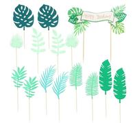 14 Inserts De Feuilles Tropicales, 1 Insert De Bannière Joyeux Anniversaire, Décorations De Gâteaux D'Anniversaire, Décorations De Fête Tropicale, Inserts De Feuilles De Palmier Pour Cupcakes