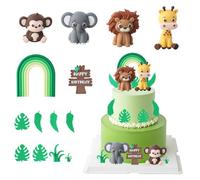 14 Pcs Decoration Gateau Anniversaire, 1 Girafe, 1 Singe, 1 Éléphant, 1 Lion, 1 Pancarte Anniversaire, 1 Arche, 8 Feuilles Décoration Gâteau Jungle, Deco Anniversaires Garcon Fille Fête Baby Shower