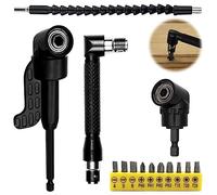 14 Pcs Forets à Angle Droit d'Extension Kit, 2 Perceuse 105° Renvoi D'angle Visseuse, 1 Extension de Foret Perceuse Flexible, 1 Clé de Serrage en Forme de L, 10 Embouts Vissage Courts
