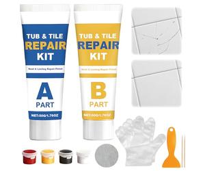 14 Pcs Kit Reparation Ceramique Kit Réparation Receveur De Douche Résine Mit 2 Pâtes Réparation 4 Peintures 1 Grattoir 2 Papiers De Verre 2 Brochettes En Bambou 1 Bâtonnet Mélangeur Et 2 Gants