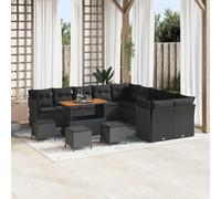 14 Pcs Modular Garden Sofa Set with Cushions, Black Poly Rattan Outdoor Sectional Furniture with Acacia Wood Table, Waterproof Storage Bag, Weather Resistant for Patio Terrace Poolside Lounge