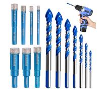 14 Pièce Kit de Foret Diamant Carrelage, 7 Trépan Diamant 5/6/8/10/12/14/16 mm et 7 Forets à Pointe en Carbure de Tungstène 3/4/5/6/8/10/12 mm, por Celaine, Céramique, Granit, Béton