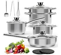 14-pièces Batterie de Cuisine en Acier Inoxydable, Casseroles avec Cuiseur Vapeur et Couvercles en Verre et Ensemble d'ustensiles, Convenant à Toutes les Cuisinières