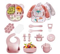 14 pièces Coffret Repas Bebe Silicone, Assiette bebe Set avec Ventouse Assiette Bol Fourche Cuillère Bavoir et Tasse, Enfant Set Couverts Vaisselle Pour Sevrage Manger (Rose clair)
