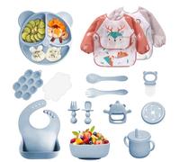 14 pièces Coffret Repas Bebe Silicone, Assiette bebe Set avec Ventouse Assiette Bol Fourche Cuillère Bavoir et Tasse, Enfant Set Couverts Vaisselle Pour Sevrage Manger (Bleu)