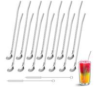 14 Pièces Cuillère Paille À Cocktail Inox, Cuillère Paille Reutilisable avec 2 Brosses de Nettoyage, Pailles Avec Cuillère 2 en 1 Pailles A Granité pour les Shakes, Cocktails, Smoothies