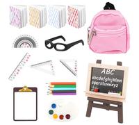 14 Pièces Mini Fournitures Scolaires de Poupée, Accessoires Maison de Poupee, 1:12 Modèles de Meubles pour Enfants Adultes DIY, Mini Sac à Dos Lunettes Tableau Livres Miniatures Palette Crayon Règles
