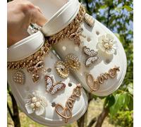 14 pièces/set Fleurs décoratives amovibles pour chaussures, fleurs en faux perles DIY, nœuds, cœurs, chaînes décoratives en papillon doré, accessoires de chaussures mignons convenant aux sabots, chaus
