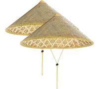 14 Pouces 2 pièces Chapeau de Riz, Chapeau Conique Oriental Chinois en Bambou avec Corde réglable, Casquette de Pluie Tourisme en Paille Riz tissée pour la pêche des Agriculteurs