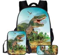 14 pouces Cool T-Rex Dinosaur Print Garçons Filles Sac à dos scolaire Sac à bandoulière, boîte à lunch, sac à crayons Ensemble de 3 pièces / Type A.