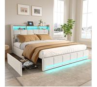 140×190cm Lit Coffre Capitonné en Lin Beige avec 4 Tiroirs de Rangement, Ports de Recharge USB et Type-C, LED, Sommier à Lattes
