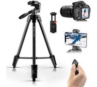140 cm Compact Lightweight Travel Tripod with 3 Way Panoramic Head, Phone Holder Cold Shoe Remote Control, Tripod Camera for iPhone DSLR