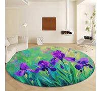Ø 140 cm Tapis Rond de Impressionnisme Plantes Fleurs Sauvages, Moquette Vert Doux Fluffy Antidérapant - Moquette Poils Ras Lavable en Machine pour Chambre à Coucher Salon Enfants Rampant Tapis