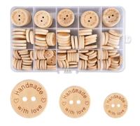 140 Pièces Boutons en Bois avec 2 Trous, 15 mm/20 mm/25 mm Boutons Forme Ronds en Bois Faits à la Main, Gravés "Handmade with Love“, pour Artisanaux Couture, DIY Craft et Décoration Créative