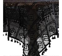 (140 X 140 Cm - Dentelle Noire À Balai) Nappe Ronde Vintage Pastorale Américaine Faite À La Main Au Crochet, Ajourée, En Dentelle, À Franges Et Pompons, Pour Table À Manger De Mariage A