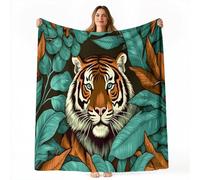 140 x 180 cm Couverture de Vert Forêt en Flanelle Douce et Confortable, Couverture pour Enfants Art Rétro Tigre Imprimé pour Canapé Chambre à Coucher Bureau