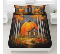 140 x 190 x 30 Drap-Housse Maison Citrouille Bouleaux Chemin Lumière du Soleil Coins Élastiqués Drap Housse Rêve Doux Respirant Chaleureux Paisible Drap de lit pour Femmes Adultes Orange