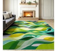 140 x 200 cm Doux à Poils Courts Vert Tapis, Bohème Style | Courbes Fluides Éléments Du Vent Imprimé Antidérapant Lavable Tapis, pour Salon Chambre