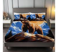 140 x 200 cm Drap Housse Microfibre, Animal Bear Mountain Top Imprimé Parure De Lit Doux Élastique Drap Housse 30 cm Profonde pour Matelas Epais - sans Plis - Convient à Toutes Les Saisons, Bleu