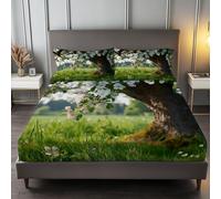 140 x 200 cm Drap Housse Vert, Arbres Fleurs Et Gazon Naturels Drap-Housse Microfibre Doux Bonnet 30cm Matelas en Microfibre 2 Personnes, Très Doux et Respirant avec Élastique Tout Autour