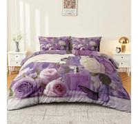 140 x 200 cm Housse de Couette, Frais Romantique Violet Parure de lit Adulte 1 Personne, Fleurs Roses Papillon Parfum Sets de Housse en Microfibre avec 1 Taie d'oreiller 65 x 65cm