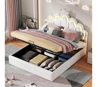 140 x 200 cm, lit plat, rembourré, lit princesse, éclairage d'ambiance réglable, plinthe de couronne, blanc