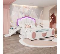 140 x 200 cm - Lit pour enfant - Motif dessin animé - Avec lumière LED changeante de couleur - Télécommande - Équipé d'une glissière et d'une échelle - Matériau PU - Belle forme - Rose + blanc