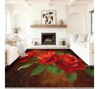 140 x 200 cm Multicolore Tapis de Salon Lavable en Machine, Vintage Européen, Plantes Romantiques Fleurs Roses Rouges Poil Antidérapant avec Motif Imprimé Tapis, Le Bureau Salle à Manger