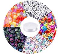 1400 Pcs 5 Couleurs Acrylique Alphabet Cube Perles Lettre Perles Avec 1 Rouleau 50 M Cristal Corde Corde Pour La Fabrication De Bijoux (5 Couleurs A)
