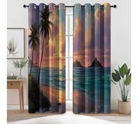 140L X 245H cm (2 Panneaux) Rideau Occultant Plages Tropicales Palmiers Îles Rideaux Thermique Isolant Anti UV, Bleu Opaque Draperies Decoration pour Maison Salon Chambre Fenetre avec Œillets