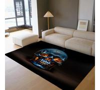 140x180cm Tapis de copropriété Salon Rugs Lavable crâne Bleu Orange Tapis Fin et Doux néon Noir hanté Moquette intérieure pour Salle à Manger paillasson Squelette d’Halloween