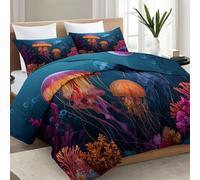 140x200 cm Couette Imprimée Réversible Fonds marins méduses coraux Multicolore - Couette sans Housse , Micro-Duvet Gonflant 400g/m², Douceur Peau de Pêche, Literie Toutes Saisons avec Taies 65x65cm