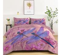 140x200 cm Couette Imprimée Réversible Libellule Fleurs Dessinées À La Main Style Bohème Violet, 4 Saisons, 350G Légère et Chaude, Couette avec 2 Taies d'oreiller 65x65cm, Lavable en Machine