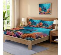 140x200 cm Drap Housse Poche 30cm pour Matelas avec Bleu Original Hypoallergénique Draps Housses Antidérapants Résistant Rides Housse Corail Dauphins