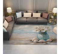 140x200cm Tapis d’Espace Rugs Bas à Profil Lavable Tapis antidérapants Blue Sky Sandy Beach pour Salon Chambre et Salle à Manger Marguerite Blanche Coquillage Coasta