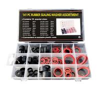 141 Pièces Rondelle en Caoutchouc et Joint Fibre, 18 Tailles Joint Torique d'Étanchéité, Faucet Washer Assortment Kit, Anneau de Rondelle Plat pour Robinet, Vanne, Pompe, Plomberie -Noir et Rouge