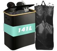141L Collecteur de Bouteilles avec Couvercle, Poubelle Recyclage Perforé avec 2 Compartiments et 2 Sacs de Transport, Pliable, pour Trier Bouteilles Vides, Verre, Noir