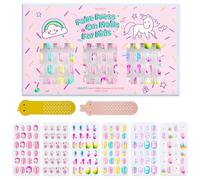 144 Pcs Enfants Appuyez sur les Ongles Filles Appuyez sur Faux Ongles Artificiels Courts Pas de décoloration Stable Bâton Rapide sur Licorne arc-en-ciel Pré-Colle Couverture Complète Ongles(Licorne)