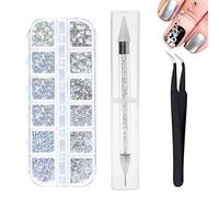 1440 Pièces 6 Tailles Strass Nail Art,Gems à Dos Plat Rond Cristal Strass avec Pincette Pick Up et Stylo Pointeur Strass pour Nail Art et la Décoration de Bijoux