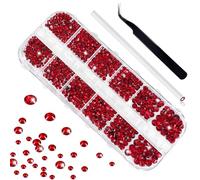 1440 Pièces Rouges Nail Art, 6 Tailles Gems à Dos Plat Rond Cristal Strass, Avec Pince à Epiler et Stylo de Cueillette, pour Vêtements Visage Artisanat (Rouge)
