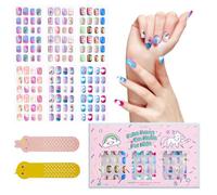 144Pcs 6 Pack Ongles Autocollants Enfants, Faux Ongles Acryliques Pré-Collés, Couverture Complète Paillettes Dégradé, Cœur Chat Arc-En-Ciel, Courts, Kits Art Ongles Faux, Cadeaux Saint-Valentin Filles